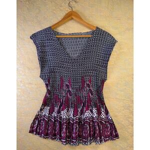 Sioni Micro Pleated Paisley Print Sleeveless Blouse Top Woman 2X Burgundy Black